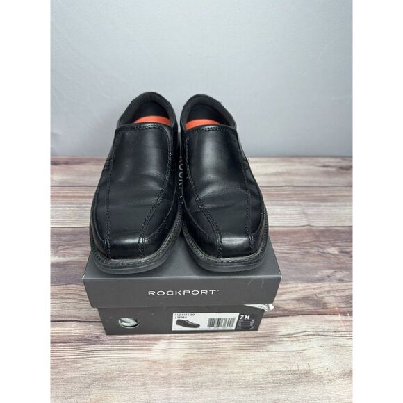 Rockport Style Leader‎ 2 Bike Loafers Mens 7M Black Leather Slip On With Box - Picture 1 of 7